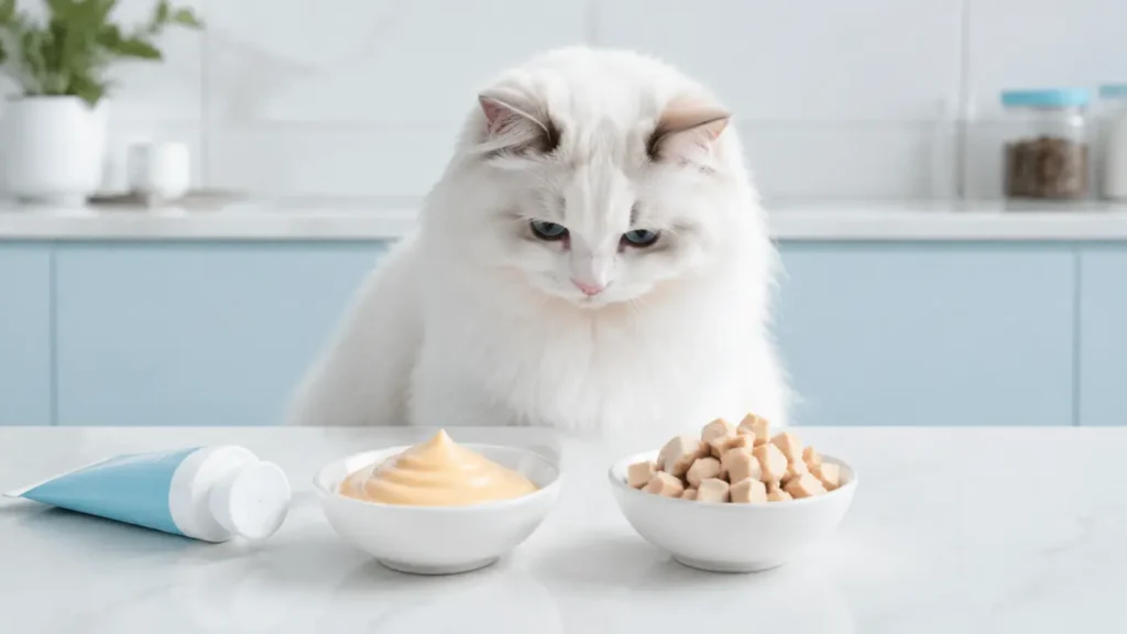แมวเปรียบเทียบขนมแมวเลียกับขนมแมวฟรีซดรายในห้องครัวโทนฟ้า
