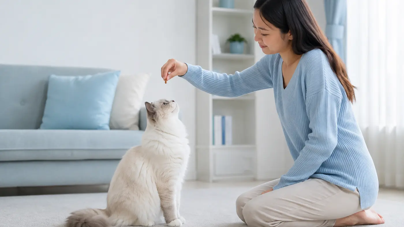 เจ้าของใช้ขนมล่อให้แมวนั่งอย่างเป็นธรรมชาติ