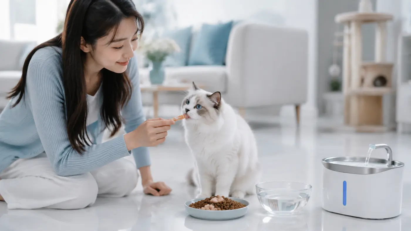 เจ้าของให้ขนมแมวปริมาณน้อย พร้อมอาหารหลัก น้ำสะอาด และน้ำพุแมว