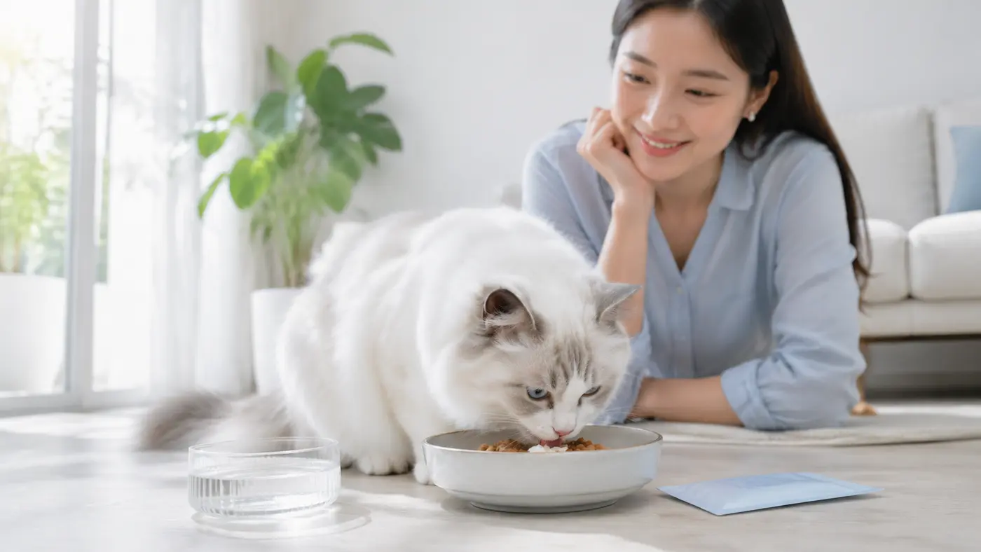 แมวแร็กดอลล์กินอาหารหลักพร้อมท็อปเปอร์ปริมาณพอดี