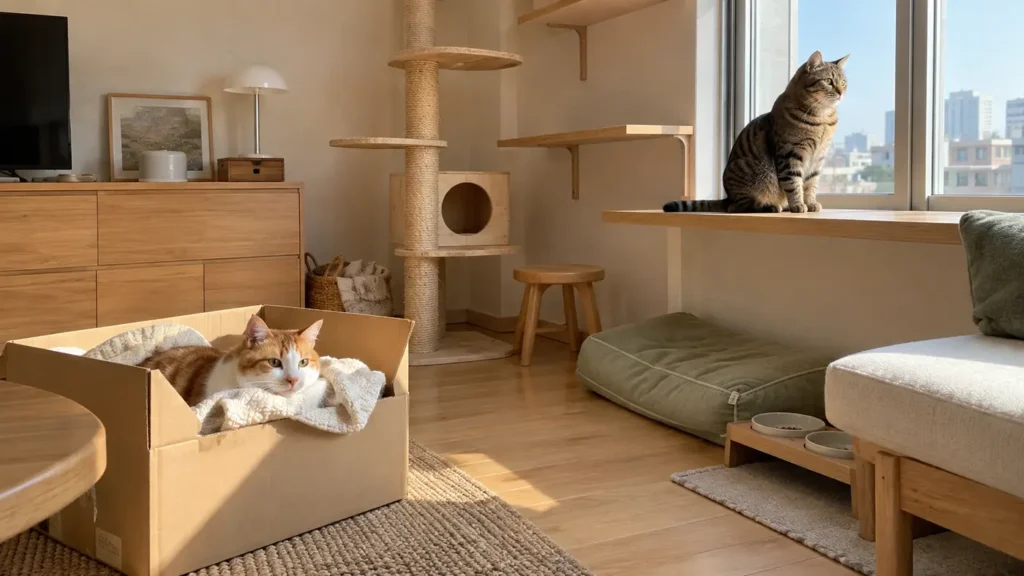 จัดบ้านให้แมวด้วยมุมพักในกล่องและที่นั่งชมวิวริมหน้าต่าง ภาพจำลองโดย Catamin