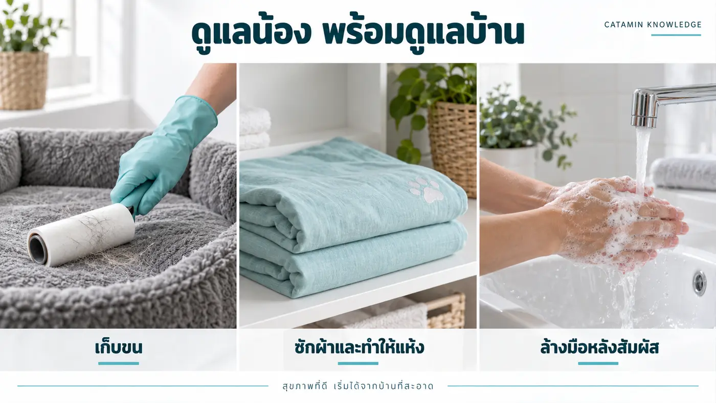แยกของใช้ เก็บขน ซักผ้า และล้างมือระหว่างดูแลแมวที่สงสัยกลาก