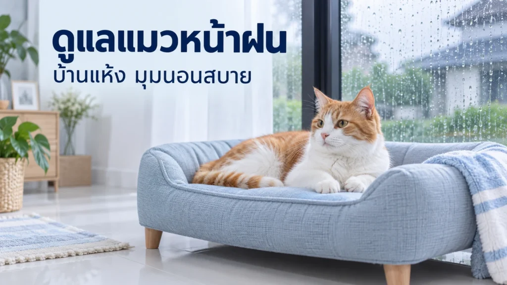 ดูแลแมวหน้าฝนด้วยมุมนอนแห้งสะอาด แมวสีส้มขาวพักบนเบาะห่างจากหน้าต่างฝนสาด