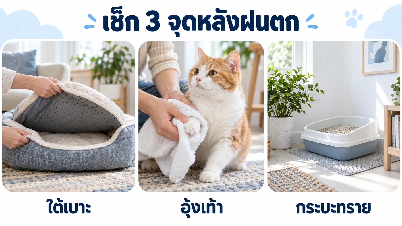 เช็กใต้เบาะ อุ้งเท้าแมว และกระบะทรายหลังฝนตก