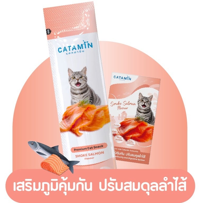 ภาพผลิตภัณฑ์ Catamin รสแซลมอนรมควัน พร้อมซองบรรจุภัณฑ์